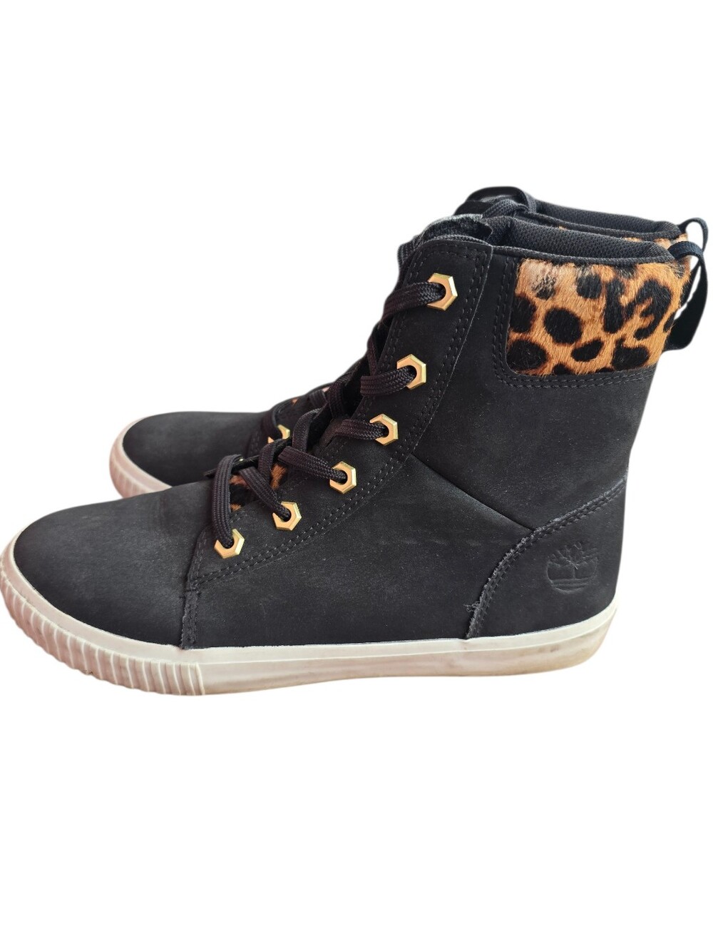 Timberland Skyla Bay Black Nubuck Leather High-Top Sneaker with Leopard Collar